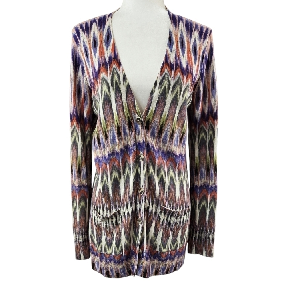 Chico's Ikat Peacock Multicolor V-Neck Lightweight Cardigan Boho Maximalist